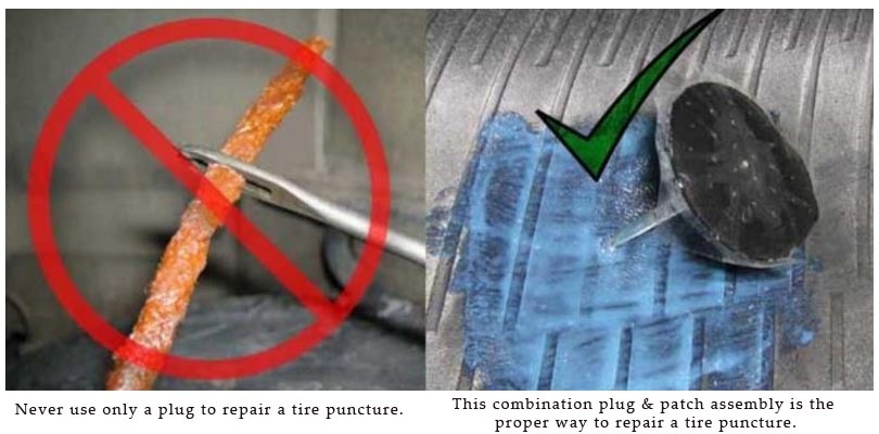 Plug (wrong) versus a plug and patch assembly (right) for repairing a car tire puncture
